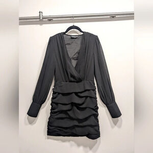 PrettyLittleThing Black Sheer Chiffon Ruched Long Sleeve Cocktail Dress Size 6